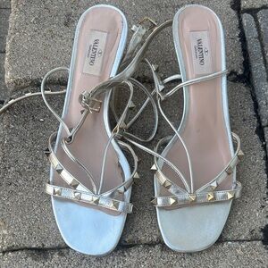 Valentino Gold Pyramid Stud Strappy Sandals with Lace-Up Tie